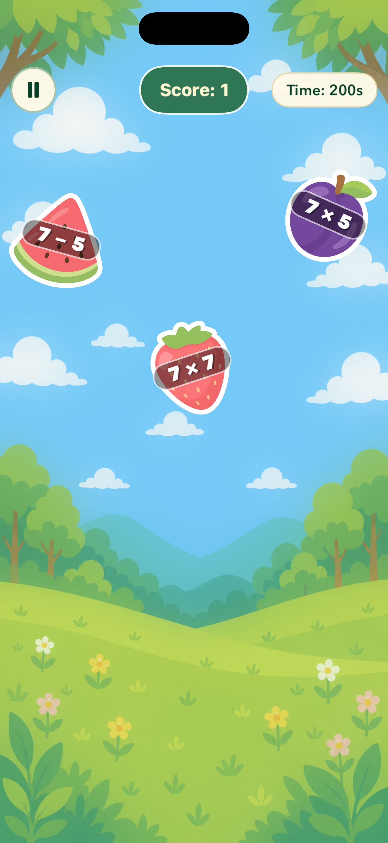 Fruity Math gameplay with arithmetic problems on falling fruit, a score, and a timer