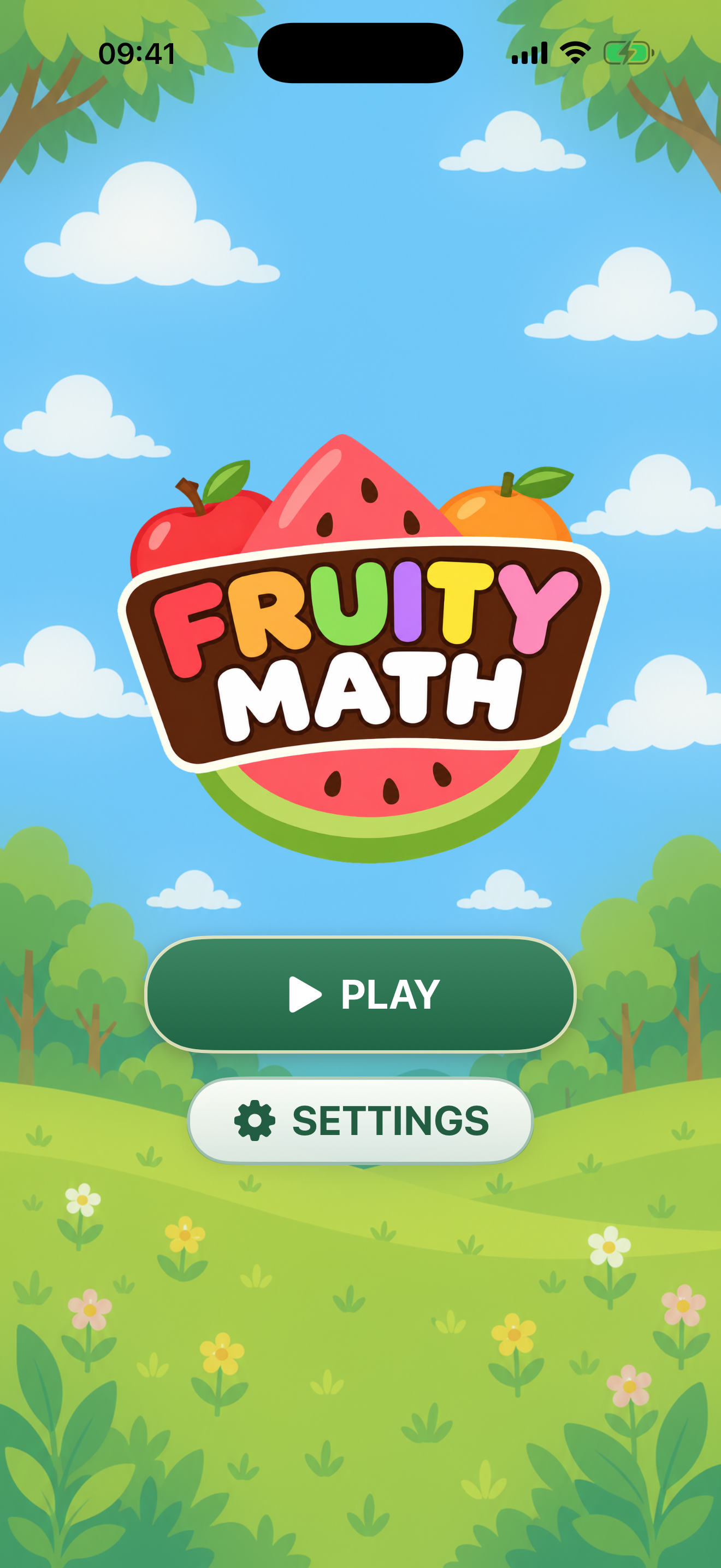 Fruity Math home screen with Play and Settings buttons