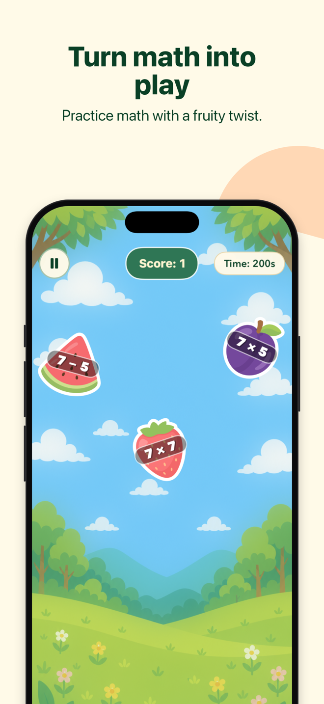 Fruity Math gameplay with colourful fruit carrying arithmetic problems